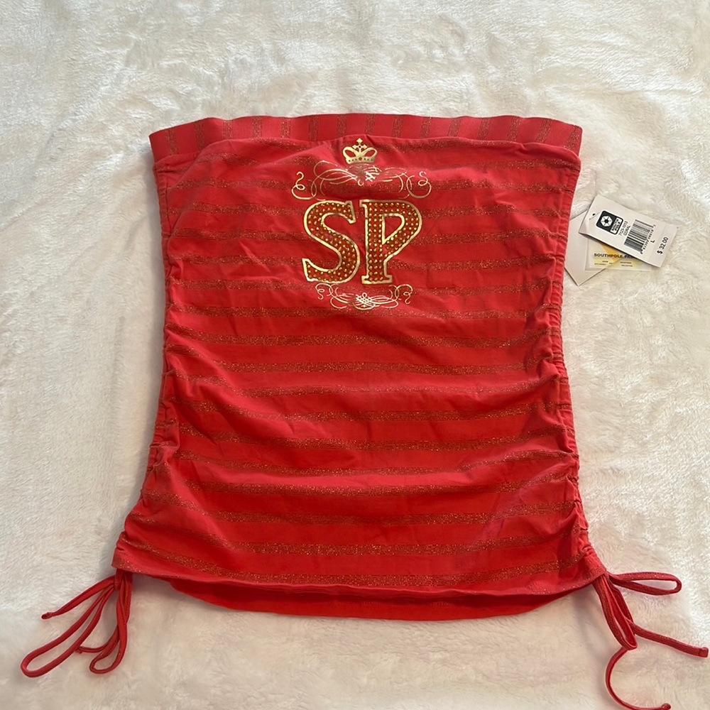 SouthPole Tube Top, Color: Coral. It has golden thin stripes, and ties on sides.